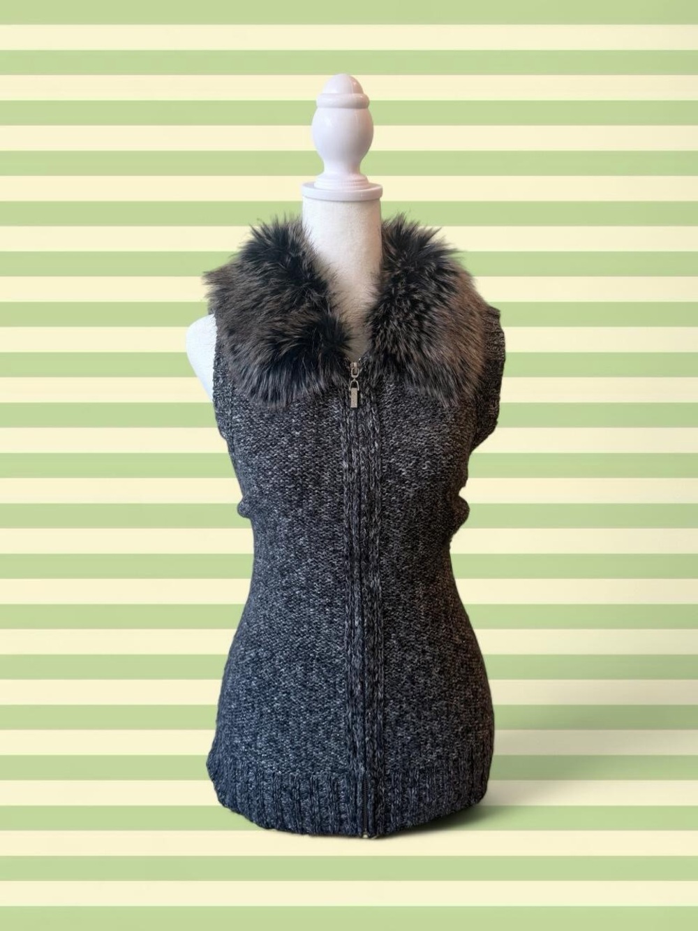 Alia Charcoal Faux Fur-Trim Sleeveless Zip Cardigan